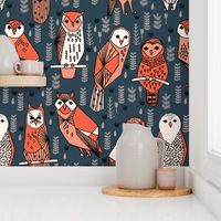 owls // navy blue orange coral hand-drawn illustration by Andrea Lauren