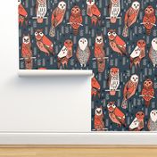 owls // navy blue orange coral hand-drawn illustration by Andrea Lauren