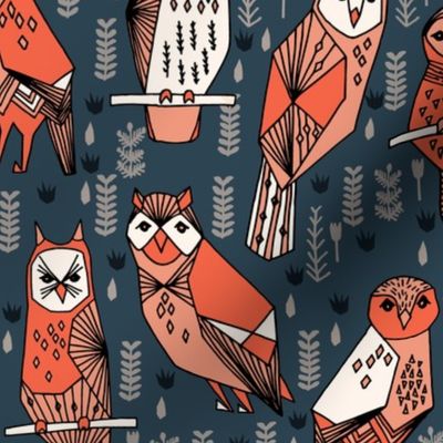owls // navy blue orange coral hand-drawn illustration by Andrea Lauren