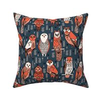 owls // navy blue orange coral hand-drawn illustration by Andrea Lauren