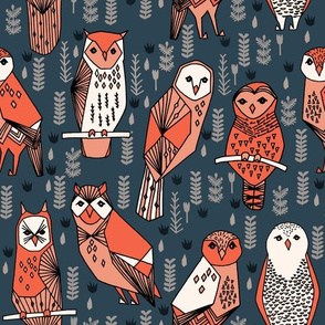 owls // navy blue orange coral hand-drawn illustration by Andrea Lauren