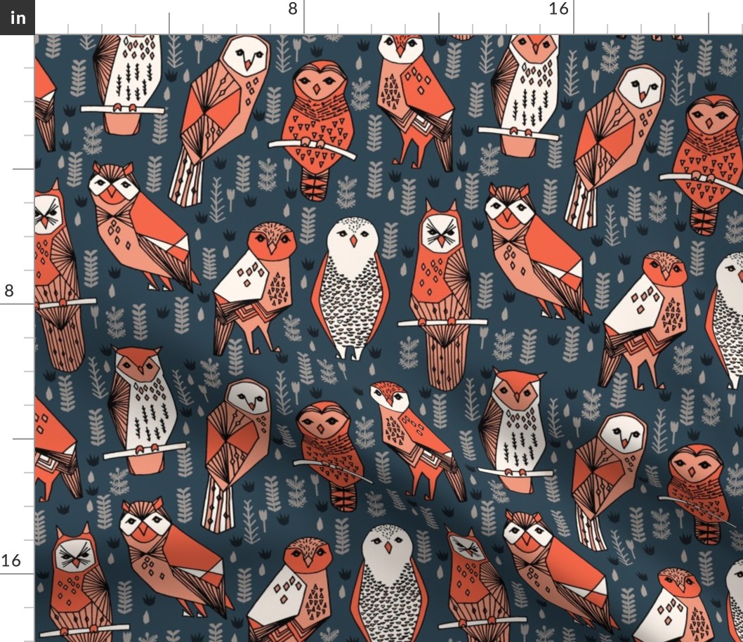 owls // navy blue orange coral hand-drawn illustration by Andrea Lauren