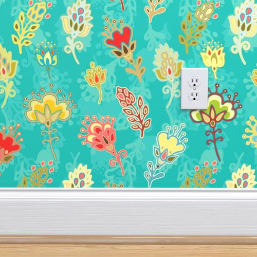 Magic Garden Floral Pattern On Turquois Spoonflower