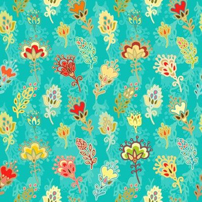 Magic garden, floral pattern on turquoise background