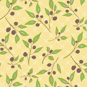 Brazenberry Clusters on Light Butter Yellow Lattice - Antique