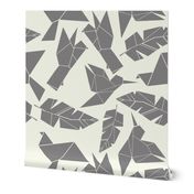 Geometric origami birds and feathers in grey / gray