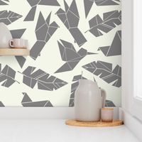 Geometric origami birds and feathers in grey / gray