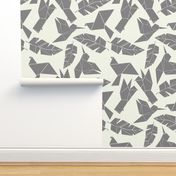 Geometric origami birds and feathers in grey / gray