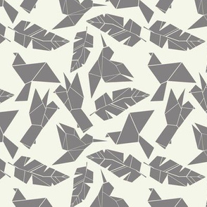 Geometric origami birds and feathers in grey / gray