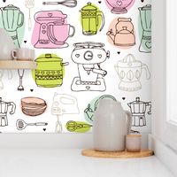 Kitchen appliances coffee maker cooking pot and pan restaurant illustration icon print