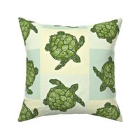 Sea Turtle Batik Squares in Soft Yellow, Blue and Green