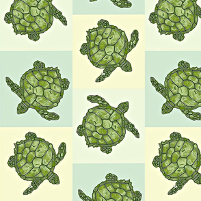 Sea Turtle Batik Squares in Soft Yellow, Blue and Green