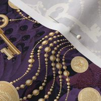 keys coins and pearls in purple