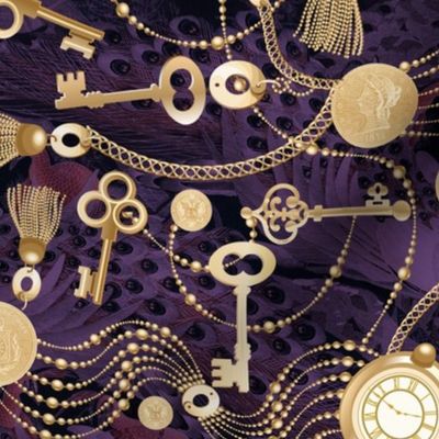 keys coins and pearls in purple