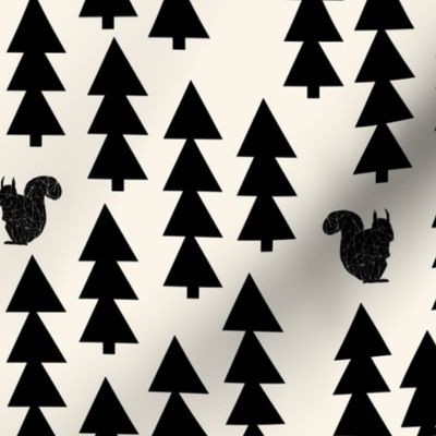 woodland squirrel fabric // black and cream forest trees woodland 