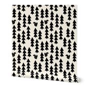 woodland squirrel fabric // black and cream forest trees woodland 