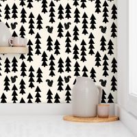 woodland squirrel fabric // black and cream forest trees woodland 