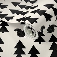 woodland squirrel fabric // black and cream forest trees woodland 