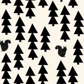 woodland squirrel fabric // black and cream forest trees woodland 