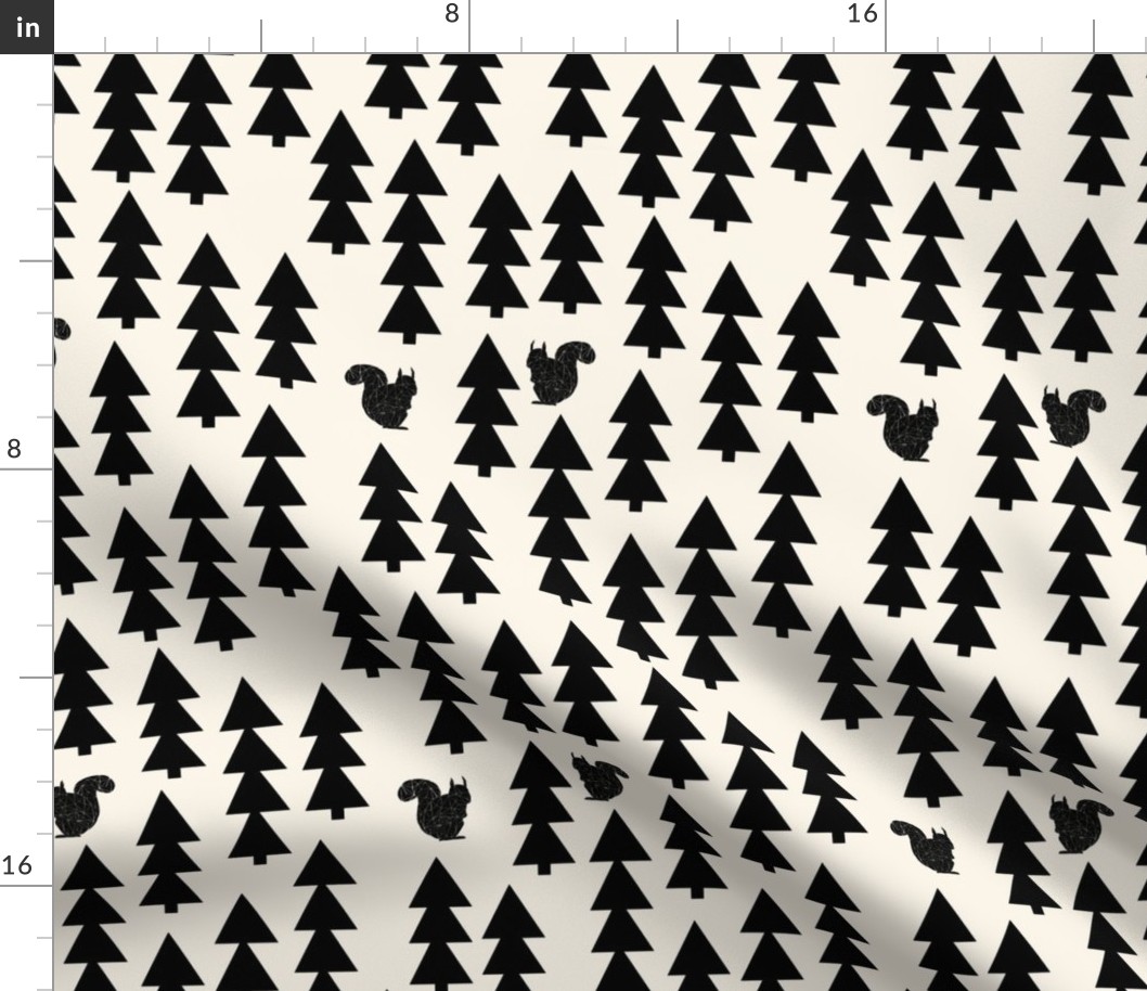 woodland squirrel fabric // black and cream forest trees woodland 