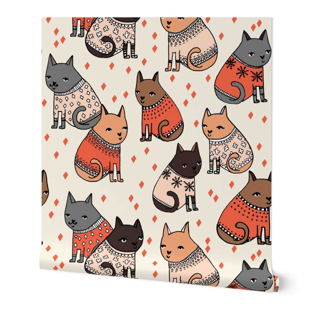 cats in sweaters // holiday christmas sweater ugly sweater illustration pattern for fashion textiles and wallpapers