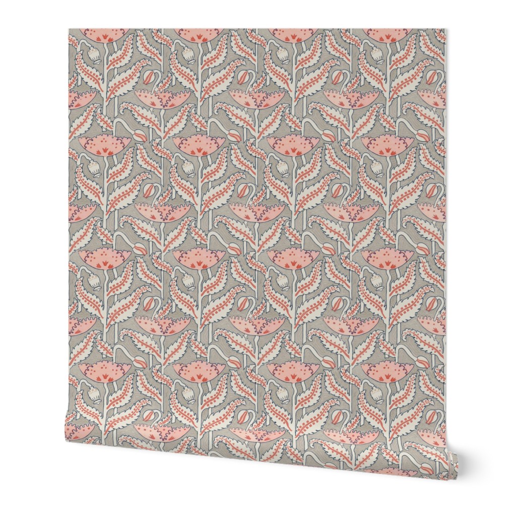 Antique Poppy in Coral, Gray and Navy