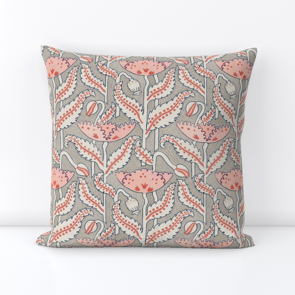 Antique Poppy in Coral, Gray and Navy