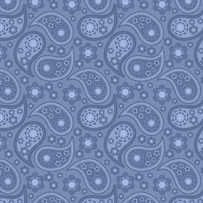 Elegant blue paisley and florals on slate, offering symmetrical blooms and tranquil sophistication