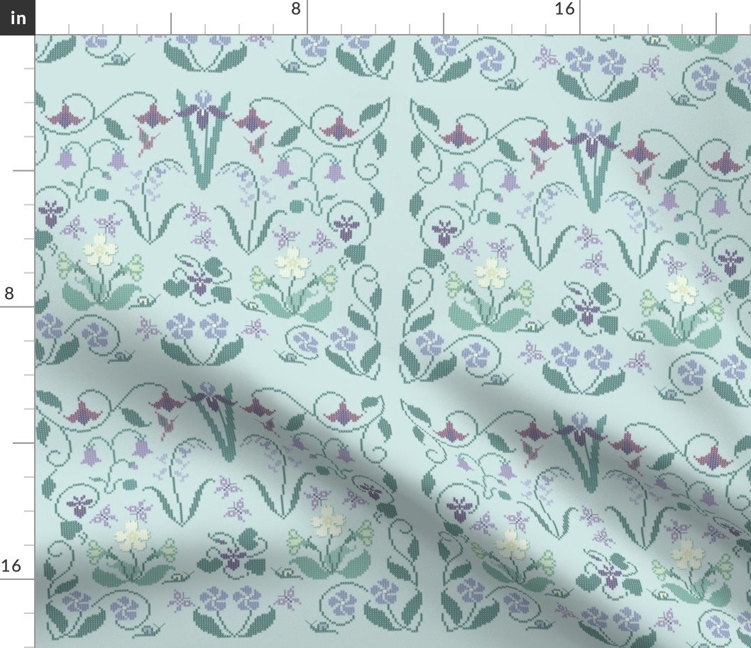 Cross-stitch garden flower sampler embroidery cheater fabric on pale seafoam - look at swatch view to see stitches