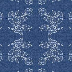 Single batik-style flower mirrored - denim blue pattern - zoom to see details