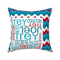 Personalised Birth Cushion Panel - Teal Red Aqua Chevron