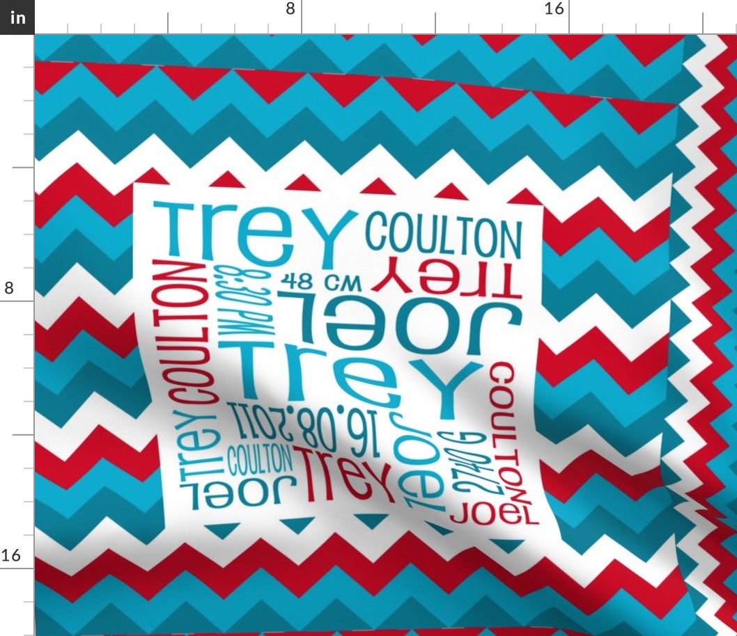 Personalised Birth Cushion Panel - Teal Red Aqua Chevron