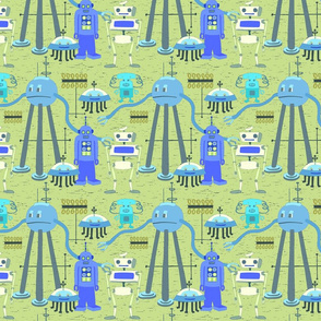 Retro Blue Robots Bright Colors