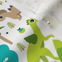 Cute dinosaur woodland illustration pattern cute dino nature print for kids and cool boys