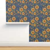Sunflowers Floral Pattern - Vincent Van Gogh Flower style with Yellow Stars & Navy Blue Background
