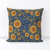 Sunflowers Floral Pattern - Vincent Van Gogh Flower style with Yellow Stars & Navy Blue Background