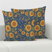 Sunflowers Floral Pattern - Vincent Van Gogh Flower style with Yellow Stars & Navy Blue Background