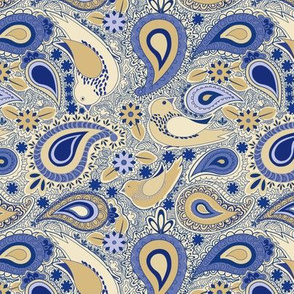 Paisley Birdies in Indigo and Natural