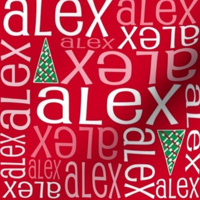 Personalised Name Fabric - Christmas Trees on Red