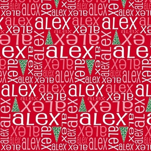 Personalised Name Fabric - Christmas Trees on Red