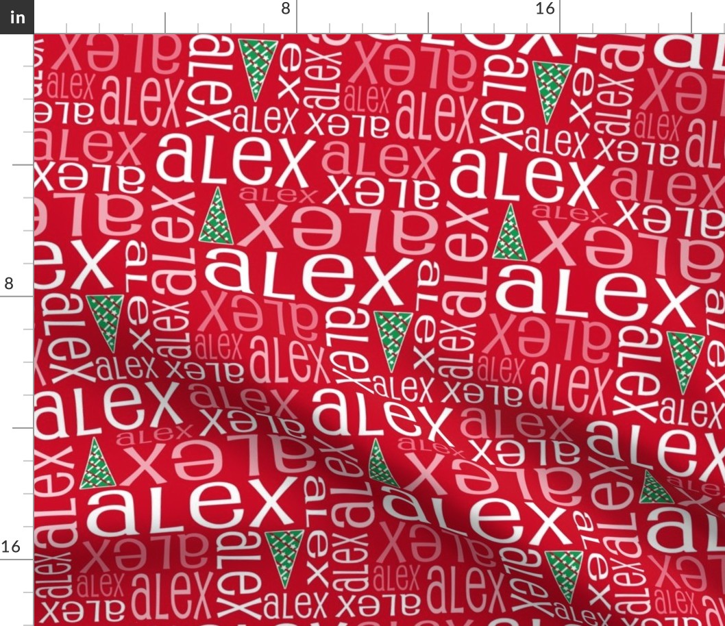 Personalised Name Fabric - Christmas Trees on Red