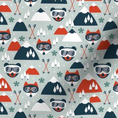 Retro ski fox and grizzly bear goggles winter woodland scandinavian mountain for kids