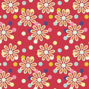 Hippie daisies and dots on red