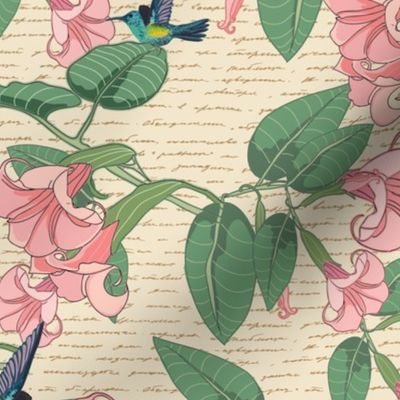 Cottage Style Hummingbird and Angel's Trumpet with Script