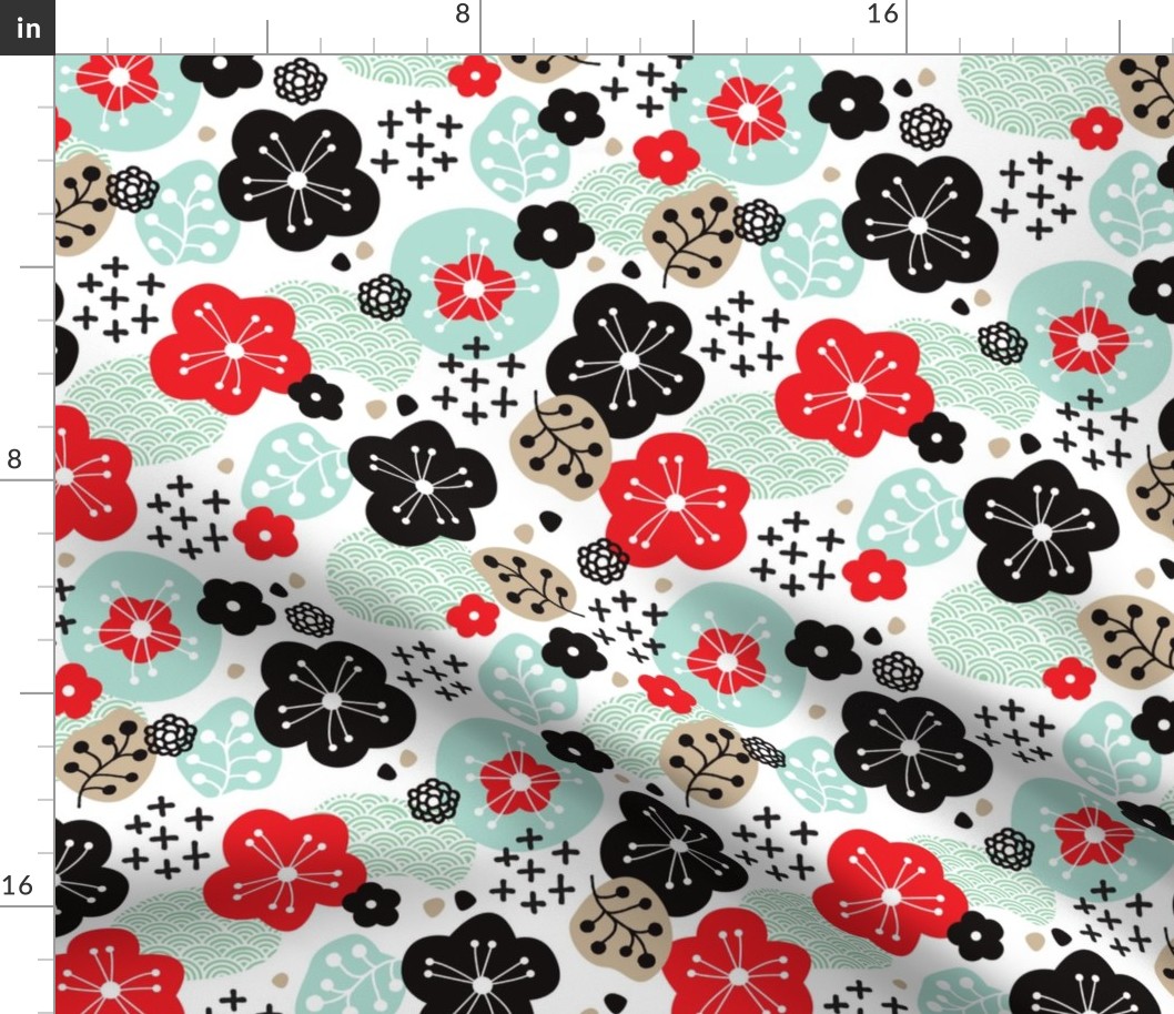 Japan cherry blossom flowers for print mint red