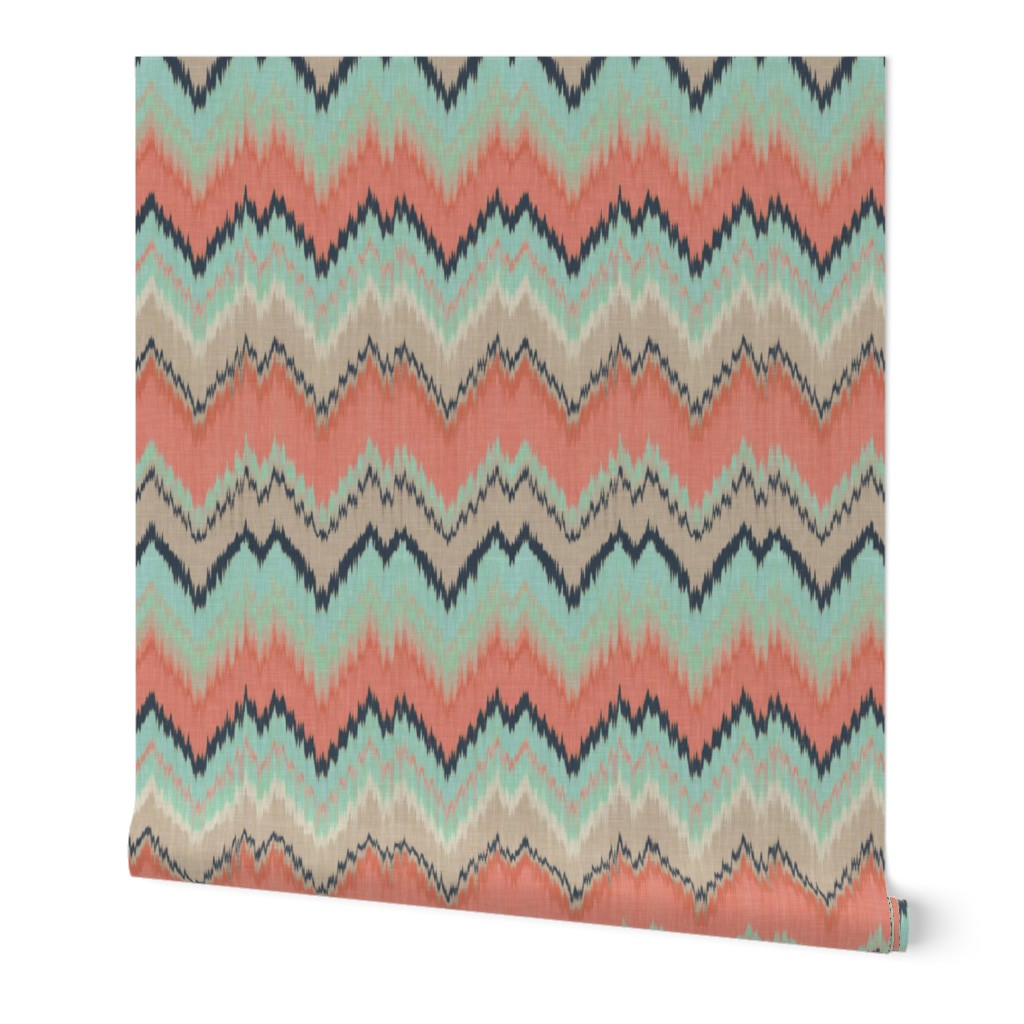 Coral, Mint and Navy Ikat Chevron