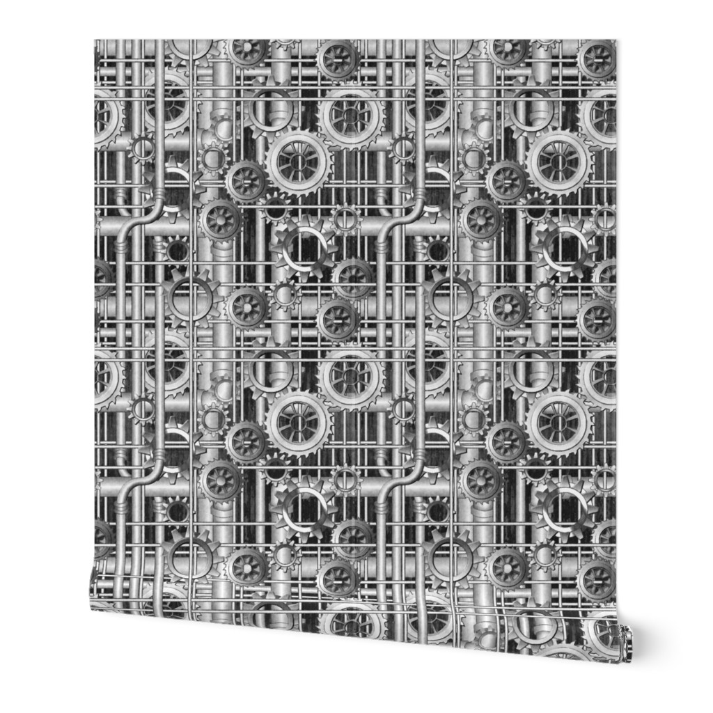 Steampunk pipes and gears grayscale 222ppi fabric 333ppi wallpaper 222ppi giftwrap 