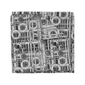 Steampunk pipes and gears grayscale 222ppi fabric 333ppi wallpaper 222ppi giftwrap 