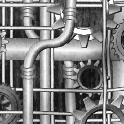 Steampunk pipes and gears grayscale 222ppi fabric 333ppi wallpaper 222ppi giftwrap 