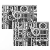 Steampunk pipes and gears grayscale 222ppi fabric 333ppi wallpaper 222ppi giftwrap 